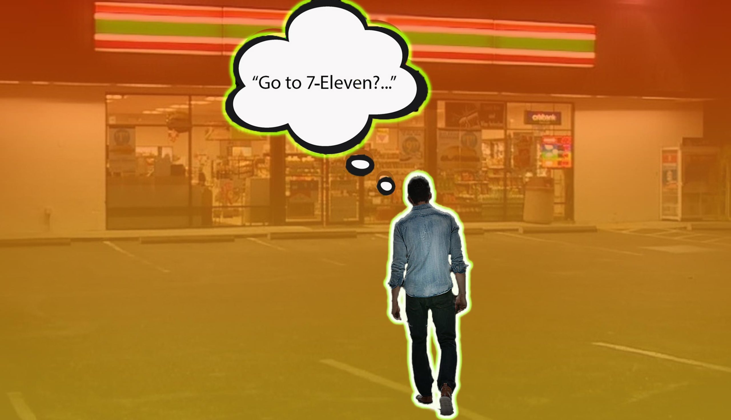 Guy Walking into 7-Eleven at night with speech bubble