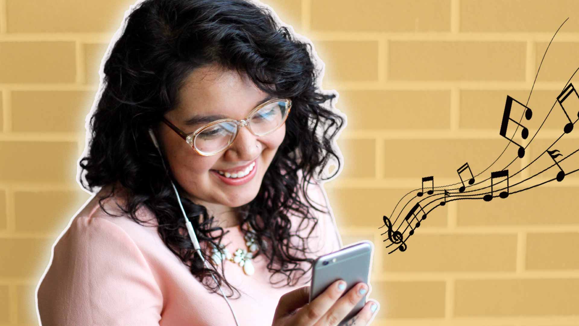 Hispanic Girl with Headphones in is listening to music